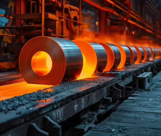 A steel mill with rolls of metal being worked.