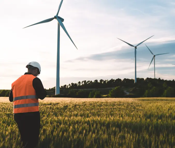 A man in an orange vest standing next to wind turbines.