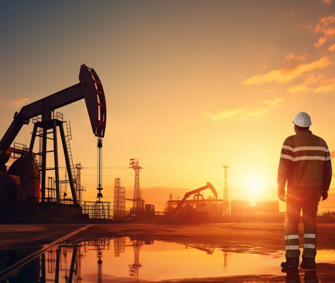 A man standing in front of an oil rig.