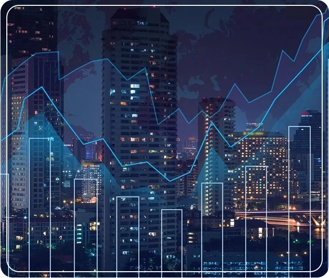 A city skyline with a graph showing the stock market.